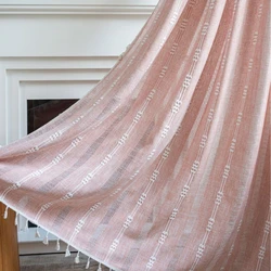 American Style Pink Striped Embroidered Tassel Finished Curtains Semi Shading Hollowed Out Kitchen Living Room Window Curtain