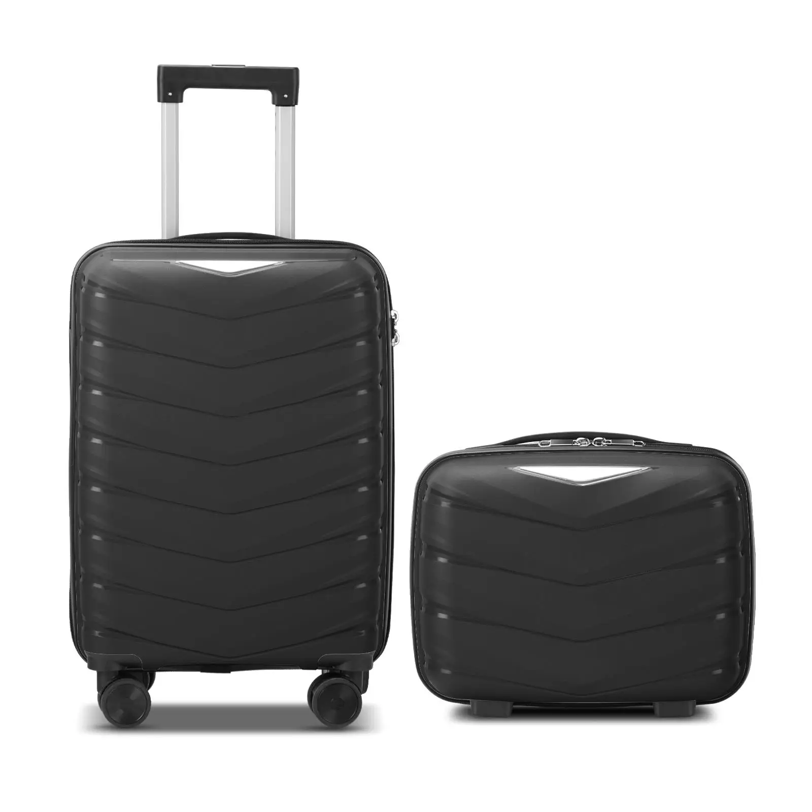 V-Striped 2-Piece Suitcase Set with PP Handbag & Trolley Case - Classic Black Grained Pattern (14in & 20in)