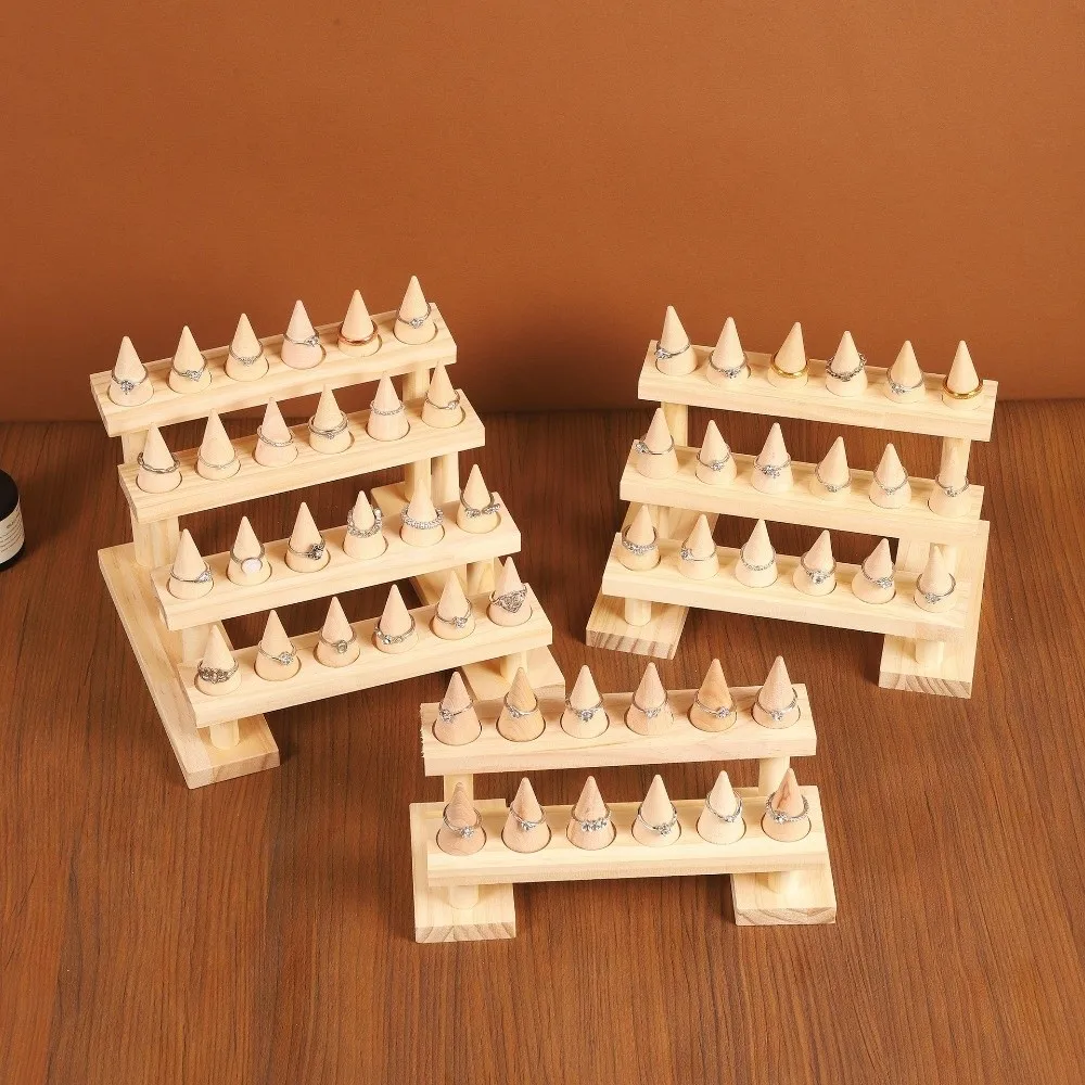 Wooden Ring Display Stand 2/3/4 Layer Durable Ring Holder Display Rack Cone Shape Multi-Functional Ring Organizer