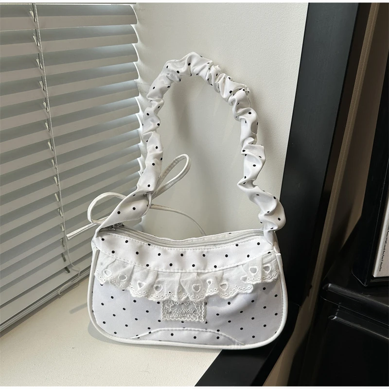 Gepunktete Spitzen-Rüschen-Unterarmtasche Süße Kleine Schultertasche mit Gerafftem Griff Hobo-Handtasche Damen Y2k Mini Quadratische Reißverschluss-Handtasche mit Schleife – Detail 9