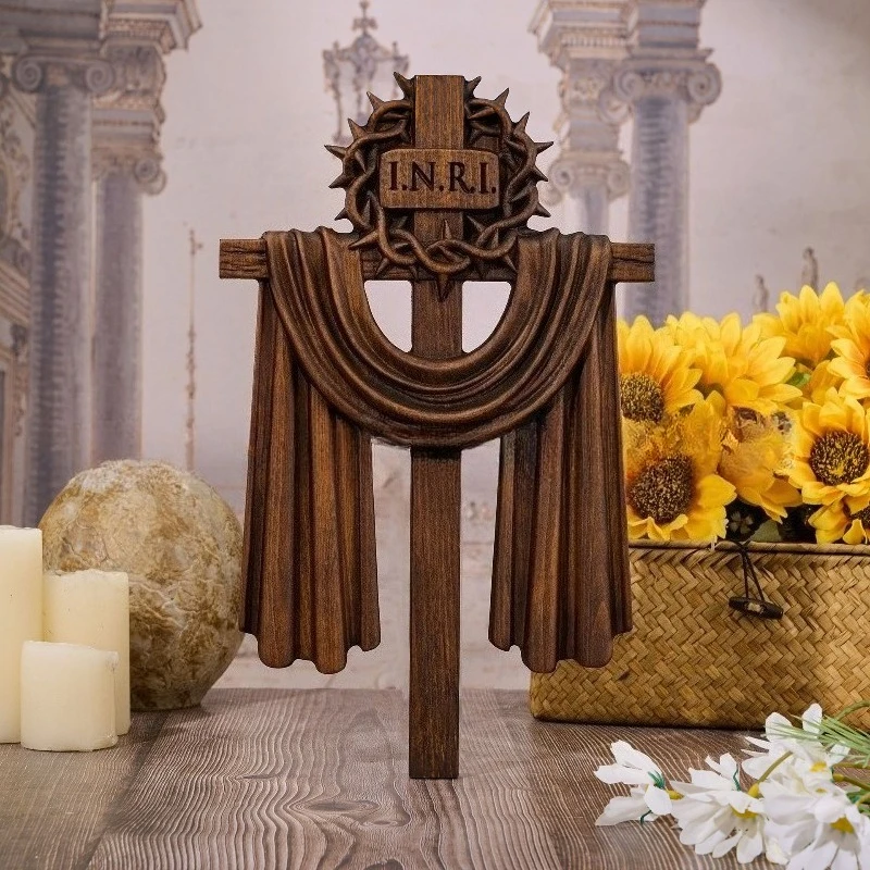 Thorn Crown and Cross Easter-Themed Beech Wood Carving Home Decor Hanging Ornament Craft