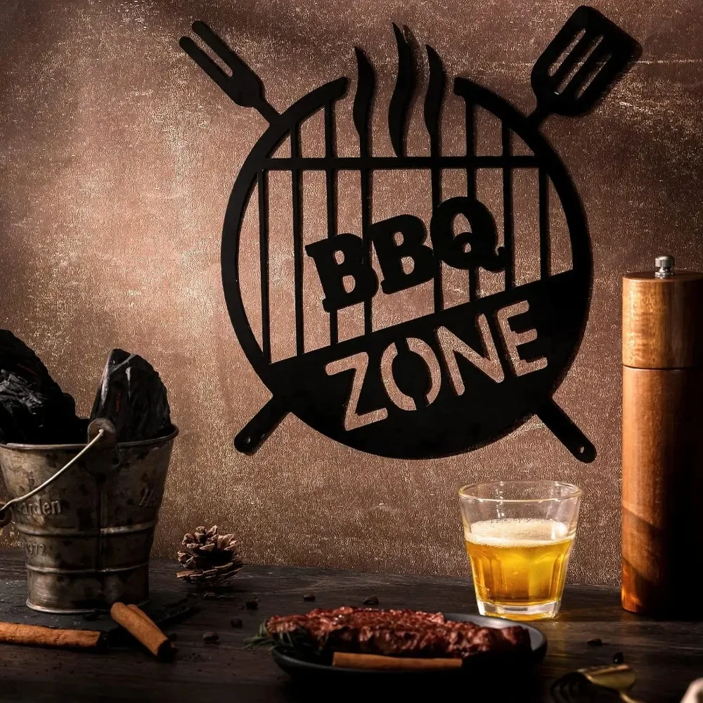 Image of Schmiedeeisen BBQ Wandkunst, Retro Metall-Grillschild für Außenküche, Rustikale Grillzone-Dekoration Bar Terrasse Schwarz