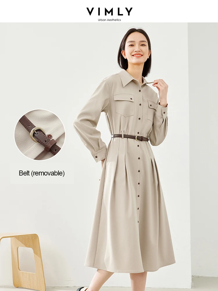 VIMLY VIMLY Minimalist New Commuter Shirt Dresses For Women  Autumn Elegant A-line Turn-down Collar Loose Solid Dress With Belt