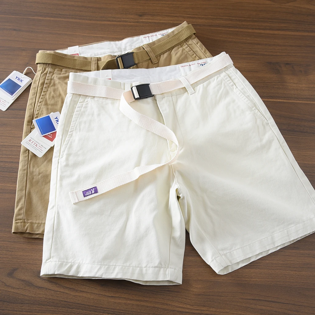 2025 Summer New Japanese Retro Woven Twill Cargo Shorts Men's 100% Cotton Washed Casual Loose Straight 4-point Pants with Belt