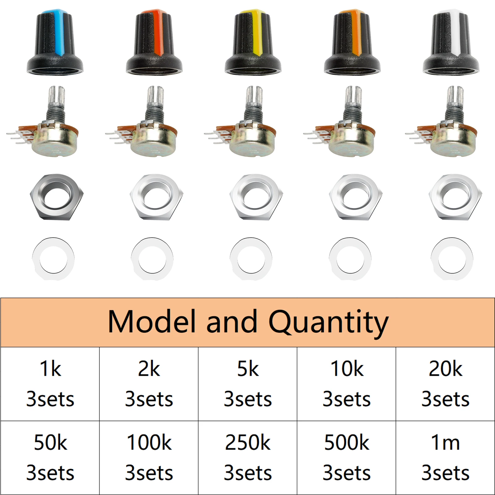 30sets WH148 Potentiometer Assortment Kit Variable Resistors With Nuts And Washers 1k 10k 50k 500k 1M