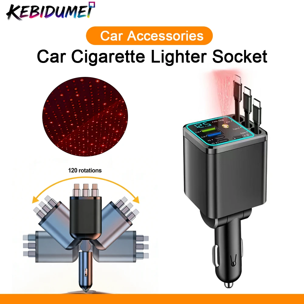 

KEBIDUMEI 180W Car Charger PD30W USB 3.1A Phone Charger Fast Charging Retractable Cable Digital Display Adapter Auto Accessories