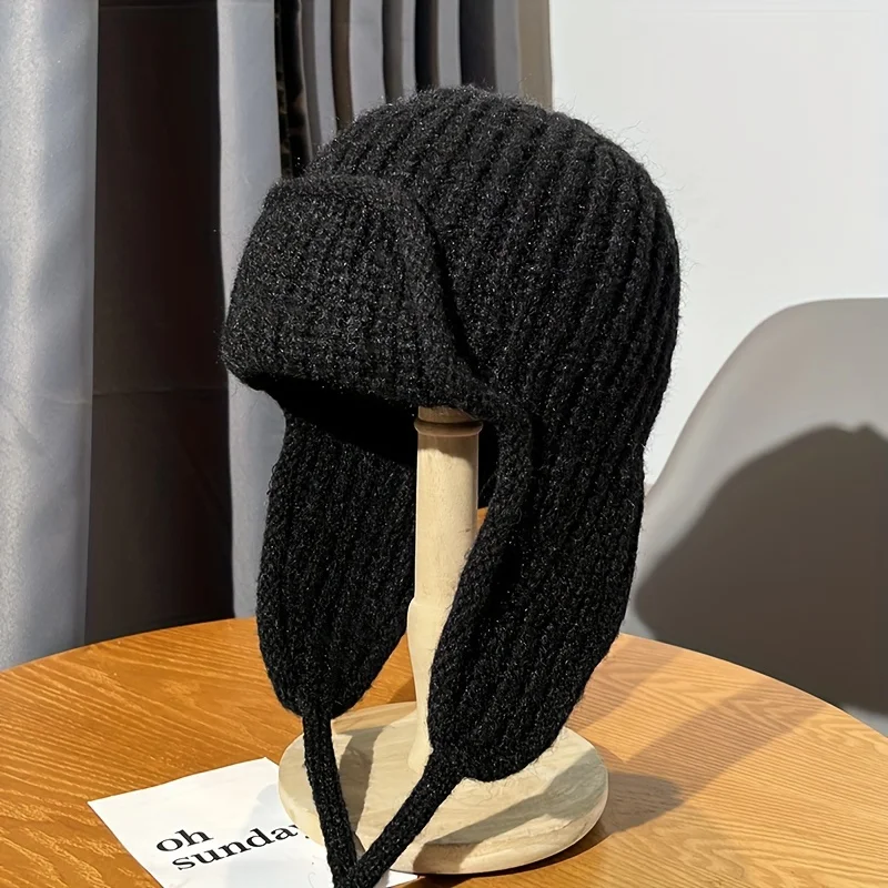 Solid color warm ear protection knitted hat for children in autumn and winter with tied wool hat, fashionable thickened hat