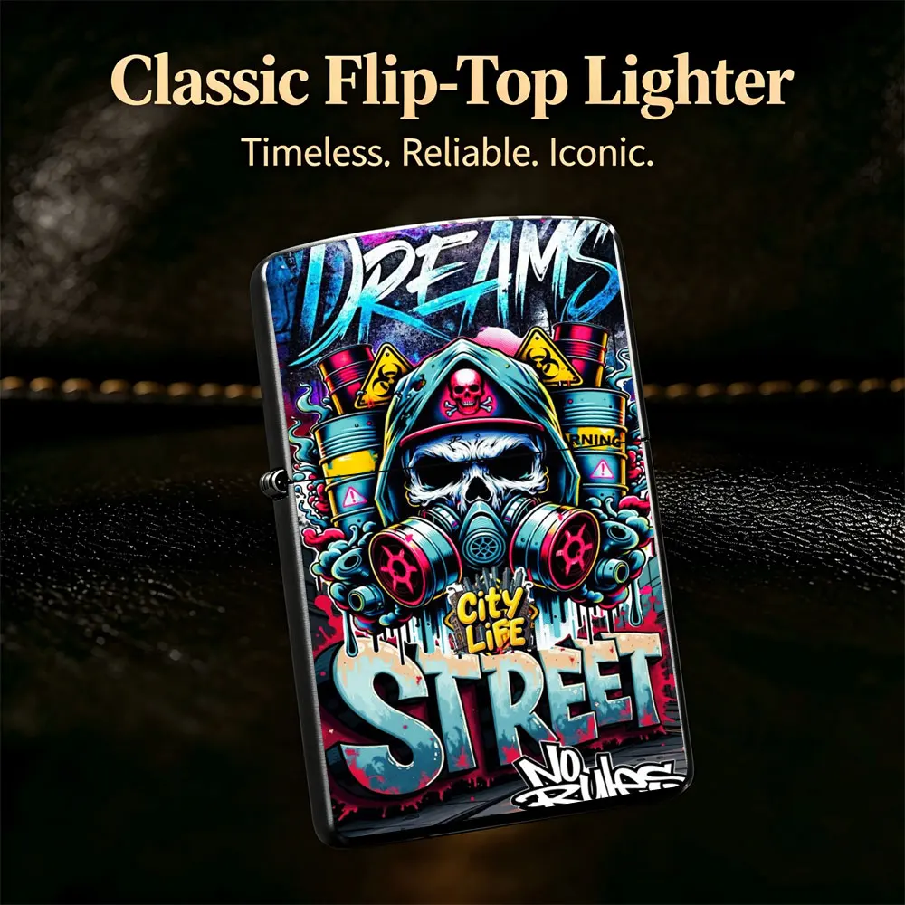 Pocket Lighter, Skull Gas Mask Print Metal Flip-Top Windproof Design, Comfortable Grip, Refillable, Cool Trendy Gift