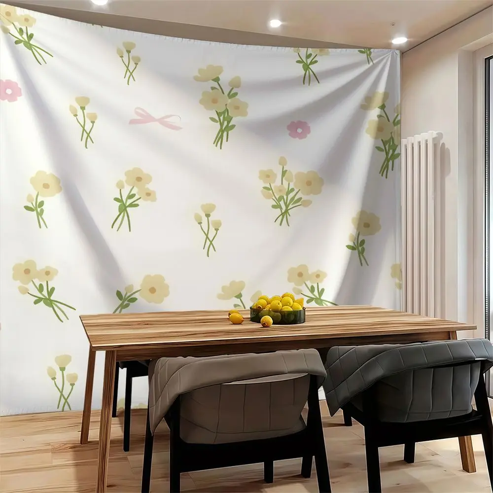 Cream Floral Bow Digital Print Tapestry Wall Hanging Tapestries Wall Blanket Cottage Teen Room Backdrop Decor