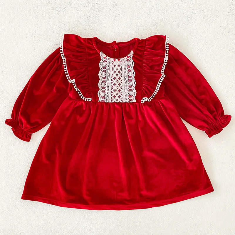 Girls Dress 2026 Spring and Autumn New Children's Clothing Korean Style Girl Baby Sweet Lace Velvet Dress Onesie Sister Outfit