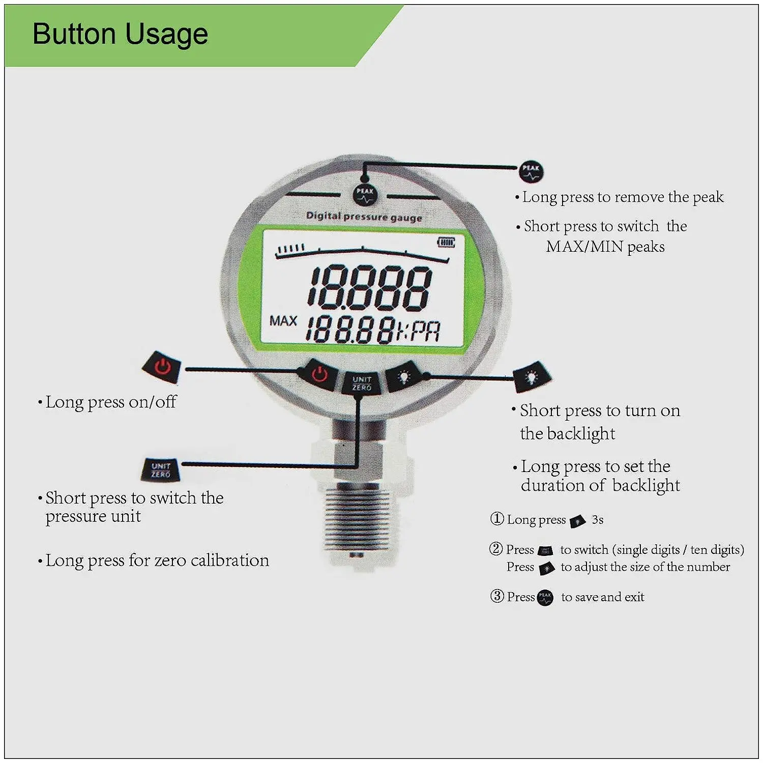 Digital Pressure Gauge -0.1-100MPA/14500PSI with Silica Gel Case NPT1/4 Accuracy Backlight Hydraulic Gas Water Pressure Gauges