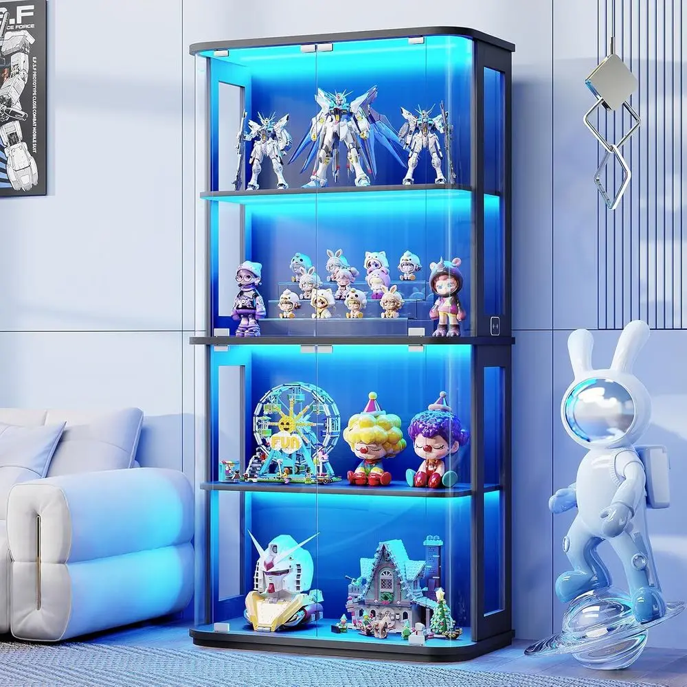 Rounded Display Cabinet with Glass Door, 4-Tier Curio Cabinet with Transparent ull-Display Surace or Collectibles, Glass Display