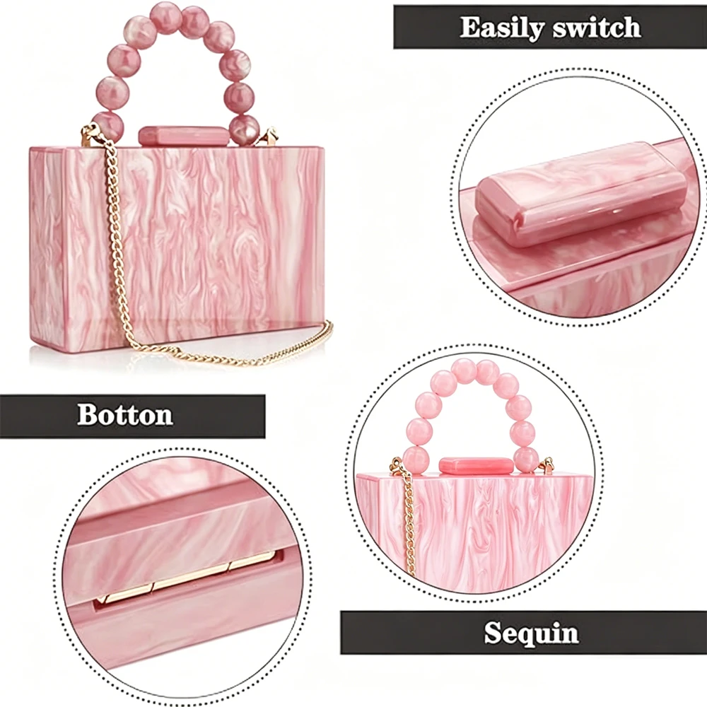 

Luxury Women Acrylic PVC Crossbody Bag Pearl Marble Pink Flap Evening Bag Elegant Wedding Party Beach Shoulder Handbags Purses