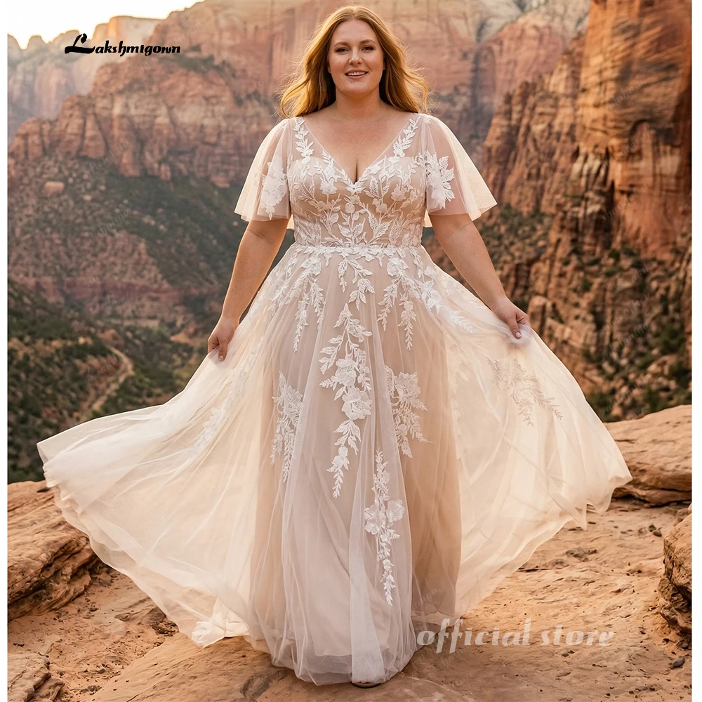 Lakshmigown Plus Size V-Ausschnitt Hochzeitskleider mit Puffärmeln, Applikationen, A-Linie, Tüll, Boho-Brautkleider mit Schleppe, maßgeschneidert. – Detail 5