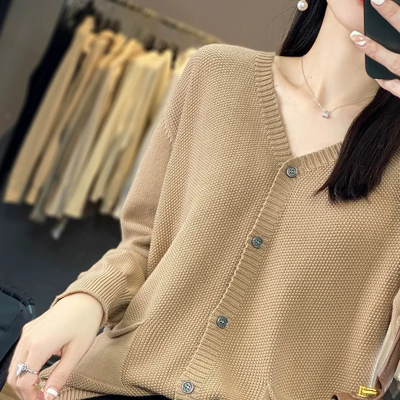00% чистый хлопок, открытый кардиган с V-образным вырезом, женский свободный вязаный свитер на весну и осень, длинный свеч Ele, верхняя одежда