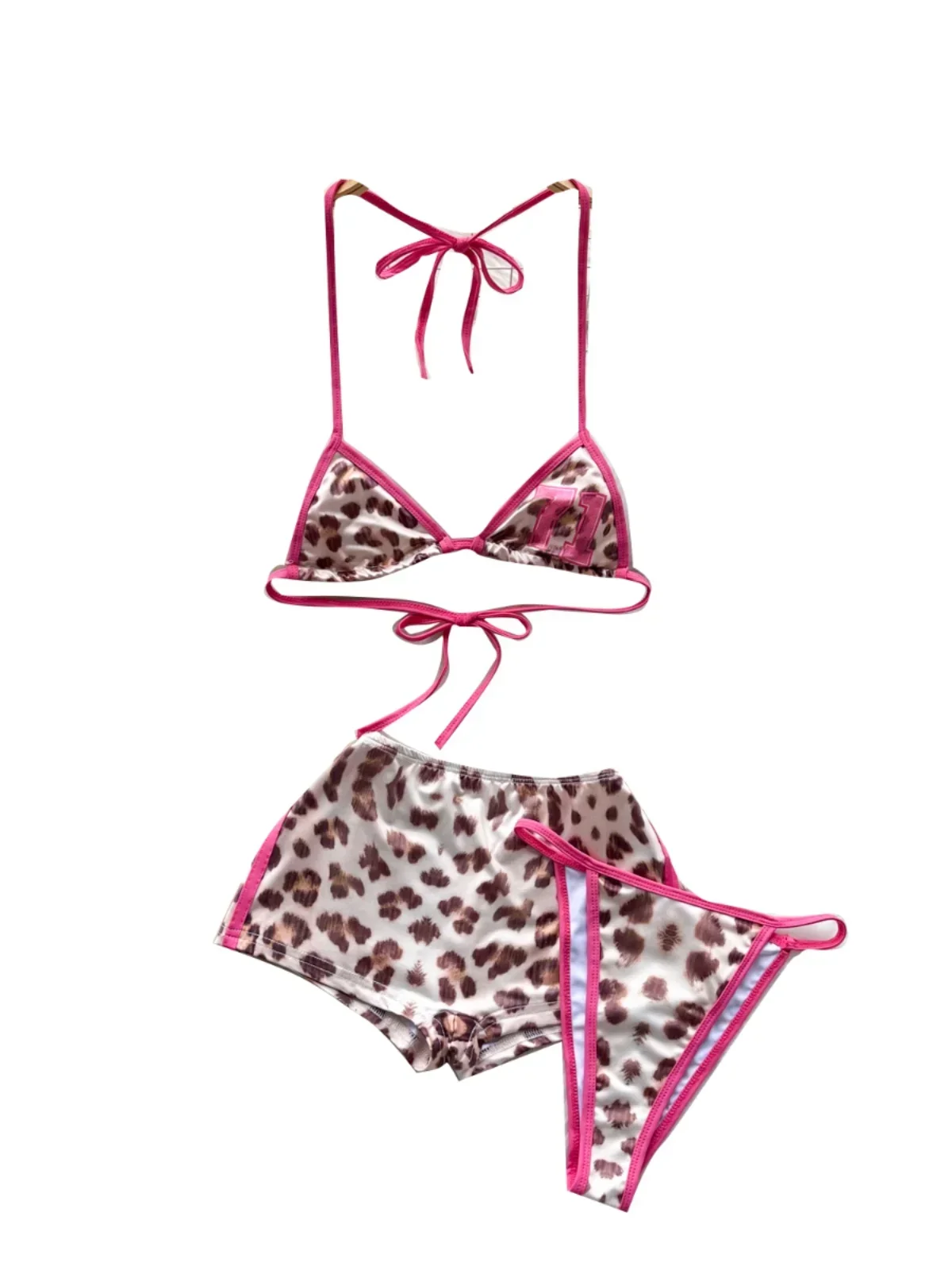 American Pure Desire Hottie Strap Leopard Print Bikini Uniform Three-piece Suit Women's Summer Tube Top + Shorts