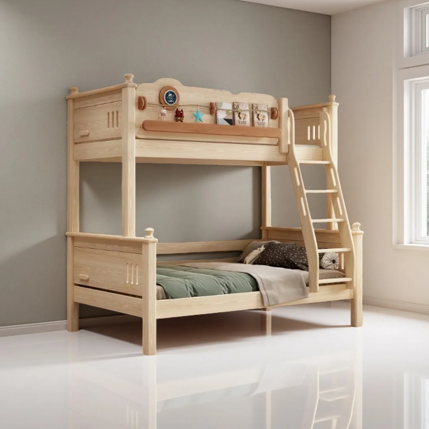 Solid Wood Bunk Bed for Kids, Multifunctional High and Low Bed for Small Apartment, Mother and Child Bed
