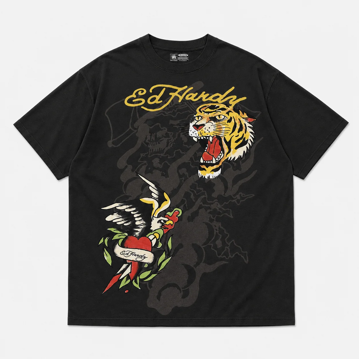 Ed Hardy Unisex Oversized T-Shirt mit Tigerkopf-Schwalbenherz-Tattoo-Print aus Baumwolle, Harajuku Streetwear, Sommer-Grafik-T-Shirt – Detail 4