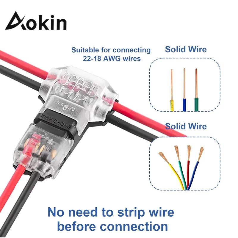 Aokin Wire Connectors Low Voltage Wire Connectors Solid Connection,T Tap Wire Connectors, T Type 2 Pins Wire Splice Connectors image 2