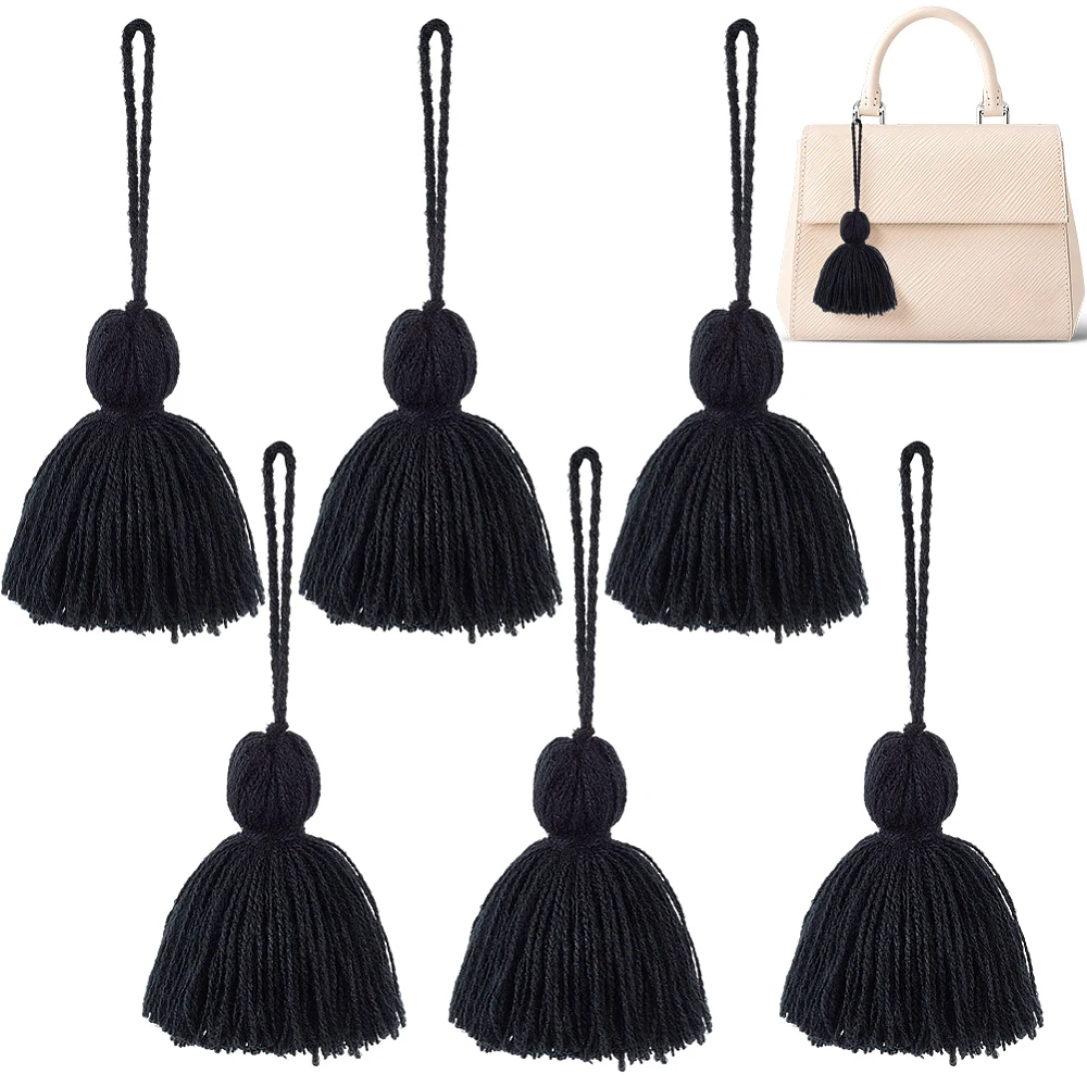 6Pcs Solid Cotton Tassel with Loop 6 Inch Black Handmade Loop Hanging Tassels Jewelry Making Art Textile Garments Curtains