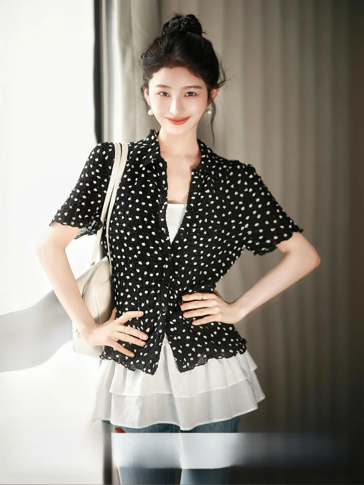 

Новинка: Женский трикотажный топ с длинным рукавом, винтажным принтом в горошек, маленьким воротником, из шелковой эластичной ткани, в повседневном стиле, комфортный крой