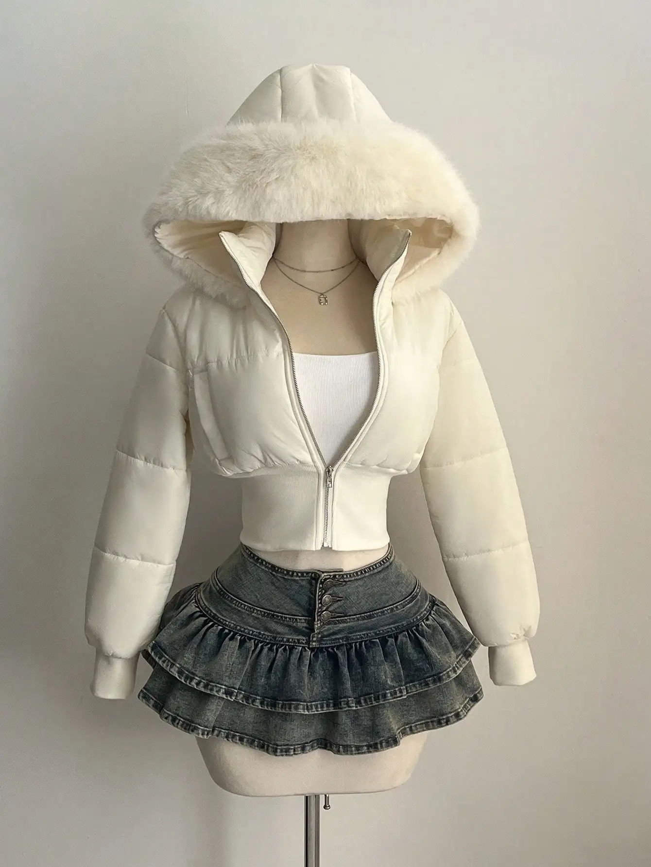 

Women's Fashionable Apricot Vintage Patchwork Short Fur Hooded Cinched Waist Stand Collar Long Sleeve Short Padded Coat