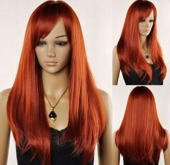 FREE SHIPPING Women's Long Red Brown Str aight Oblique Bangs Synthesis Cosplay Hair Wig