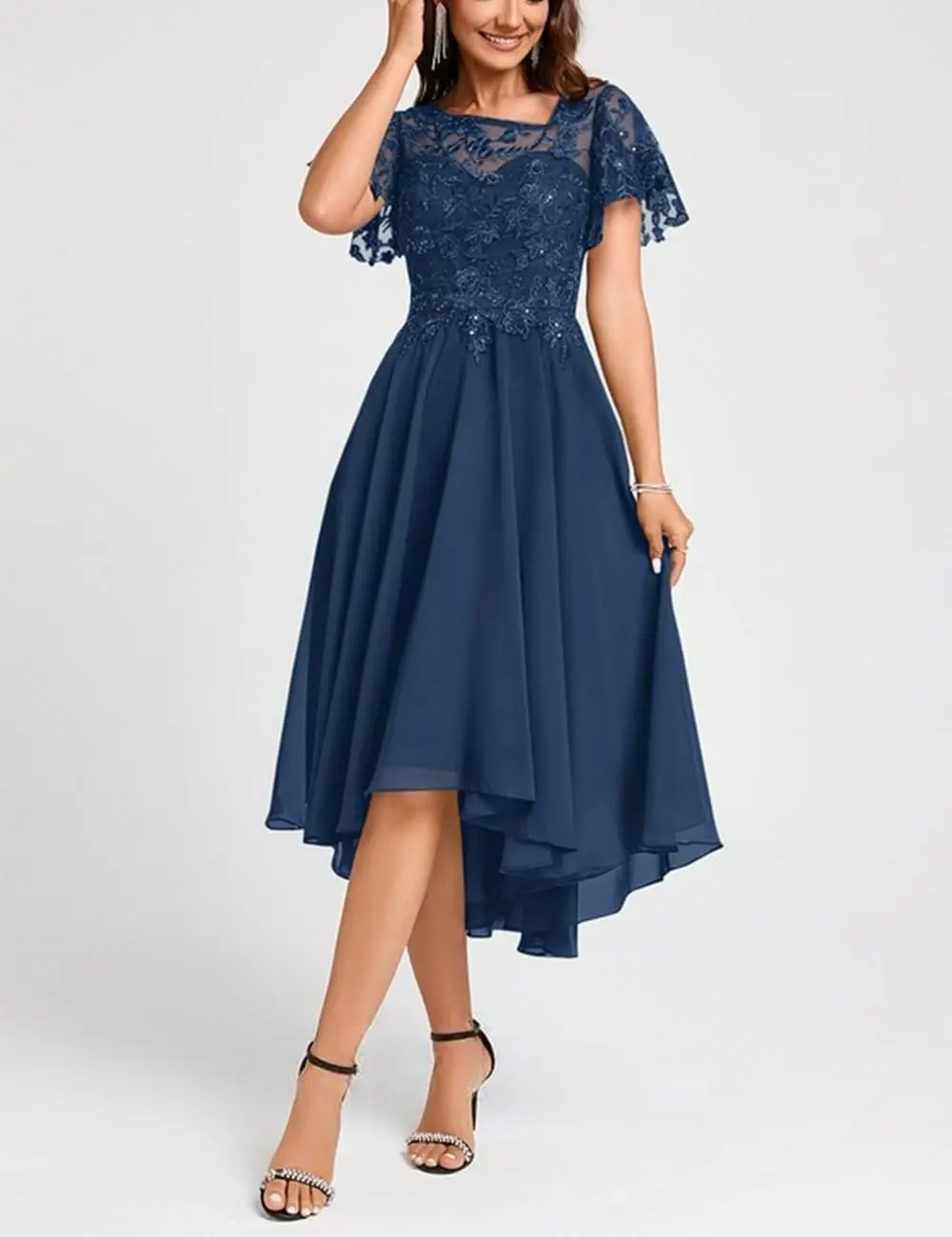 Apliques de encaje personalizados, vestidos para madre de novia, longitud del té, gasa, volantes asimétricos, manga corta, vestido de fiesta de noche Formal