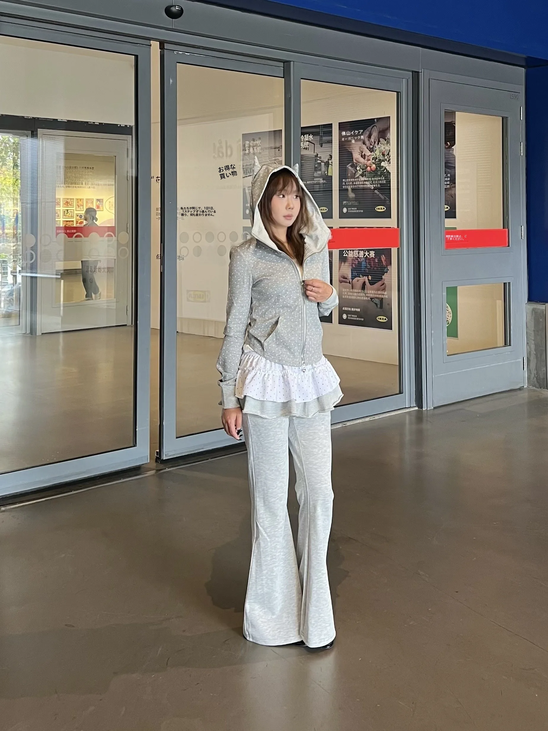 

Ретро-американский женский кардиган в горошек с капюшоном, приталенный, весенний, с молнией и ушками, модная верхняя одежда с длинными рукавами