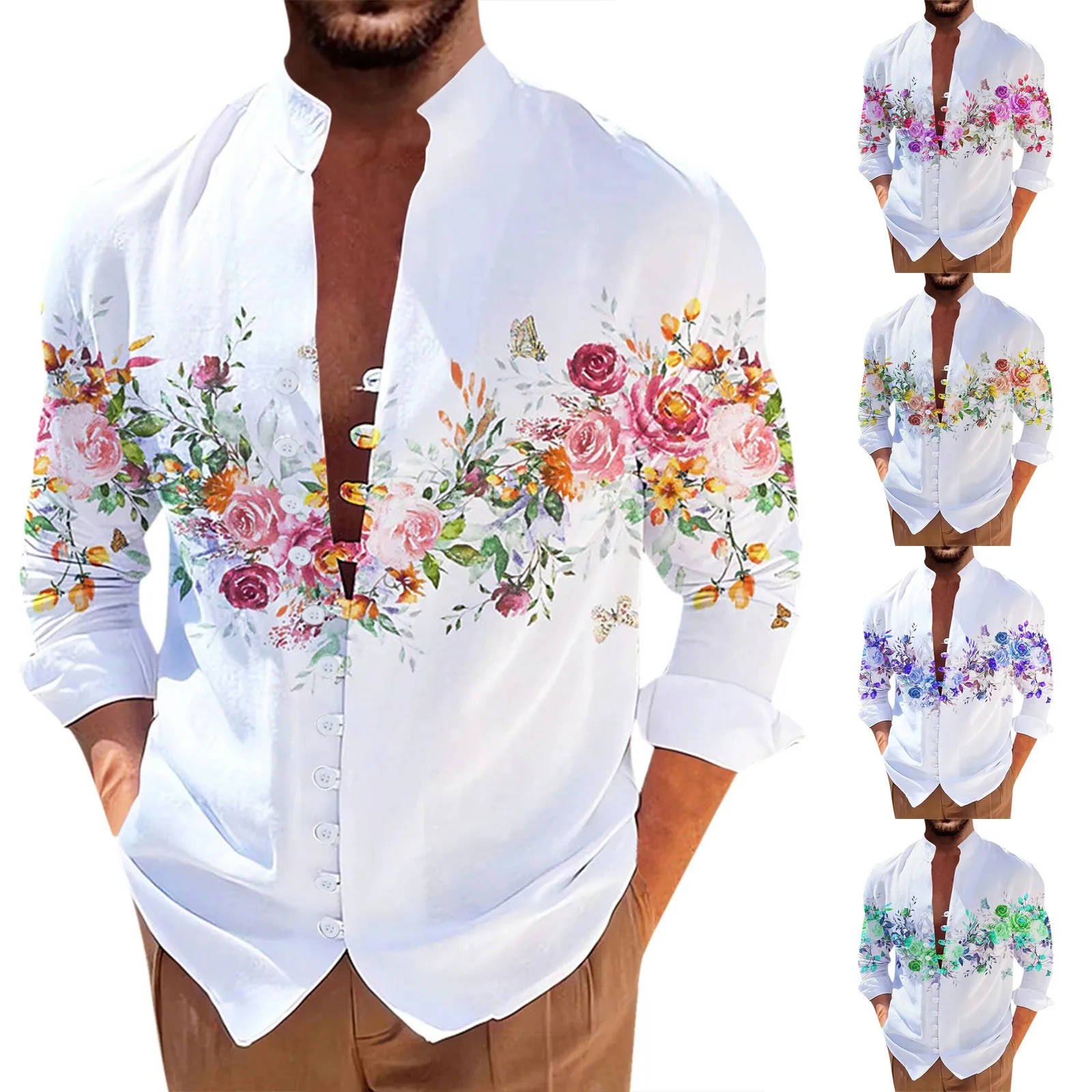 Long Sleeve Button-Down 3d Print Men'S Shirt Summer Hawaiian Shirt Man Flower Graphic Prints Casual Holiday Men Clothing