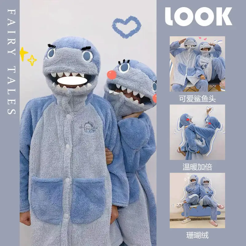 

Women Cosplay Shark Costume Kawaii Cartoon Pajamas Set Flannel Sleepwear Home Wear Soft Loose Sleepwear Couple Plush Nightgown