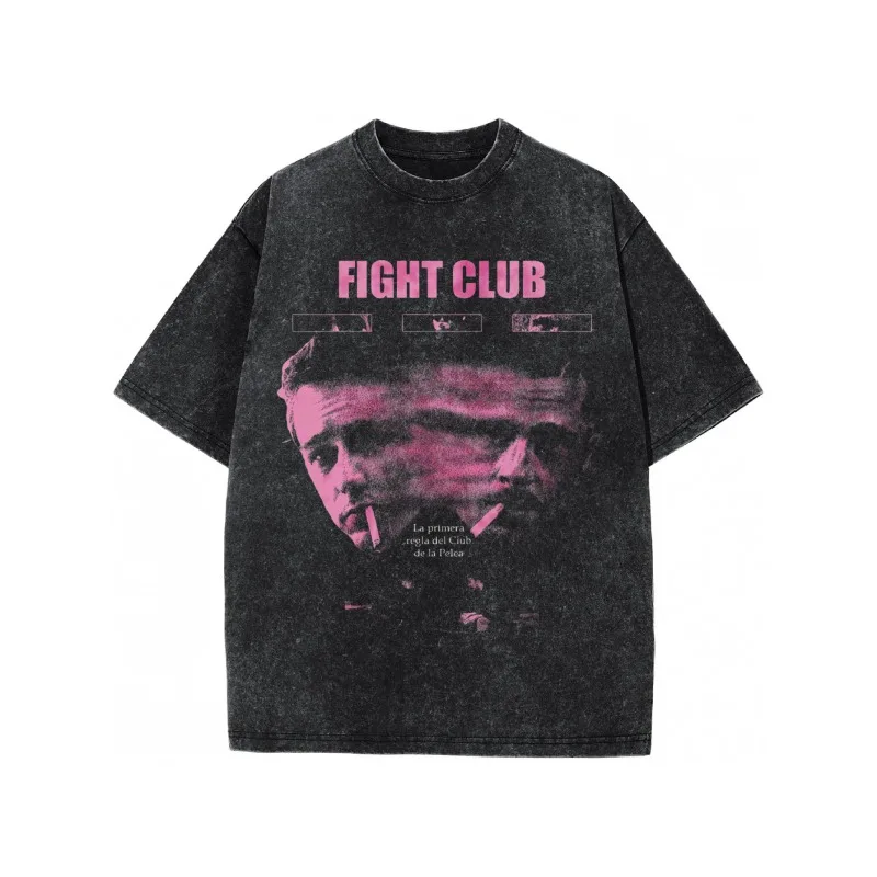 

American Retro TV Fight Club Movie Pattern Washed Men's T-shirt for All Seasons, Suitable for Both Men and Women
