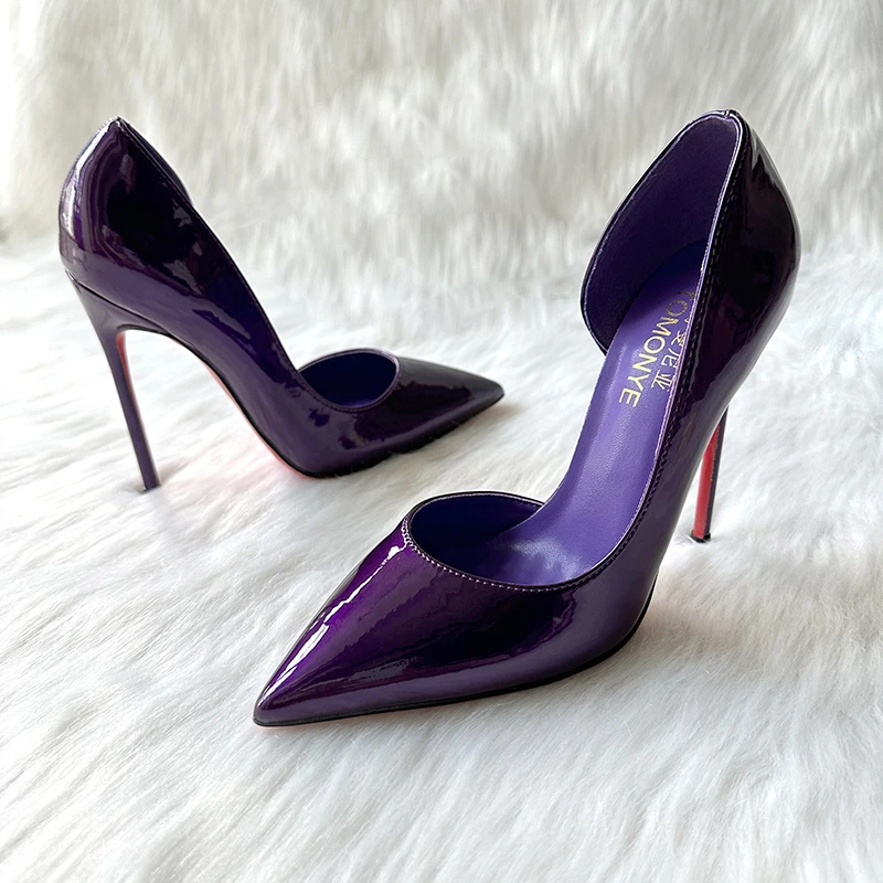 Deep purple side hollow pointed ultra-fine 12cm high heel single shoe, side hollow mirror, shallow mouth exposed toe single shoe