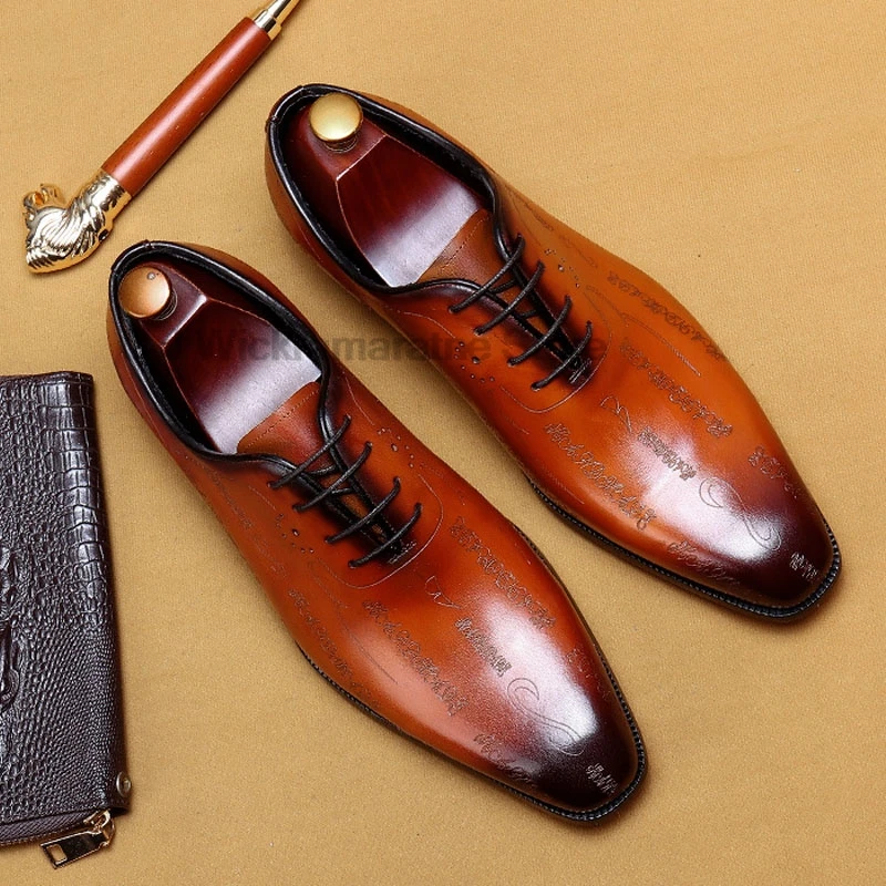 HKDQ-Oxfords marron en cuir de vache pour hommes, chaussures provoqué pointues faites à la main pour mariage, chaussures formelles de bureau d'affaires à lacets