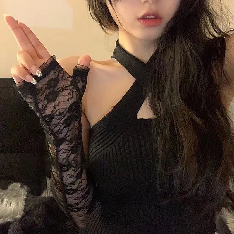

。 Women Arm Warmers Sexy Sleeve Mittens Elastic Passion Lolita Gothic Fingerless Retro Mesh Flower Lace Gloves Dress Accessories