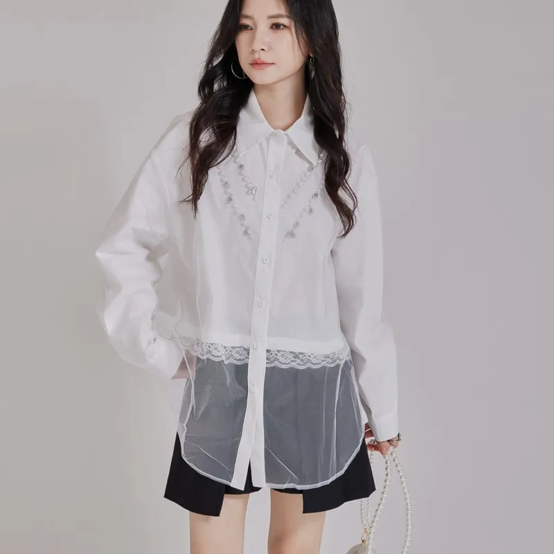 

Johnature французские ленивые ветровые кружевные сетчатые двойные рубашки женские свободные топы для тяжелой промышленности с гвоздями и бисером, новинка осени 2025