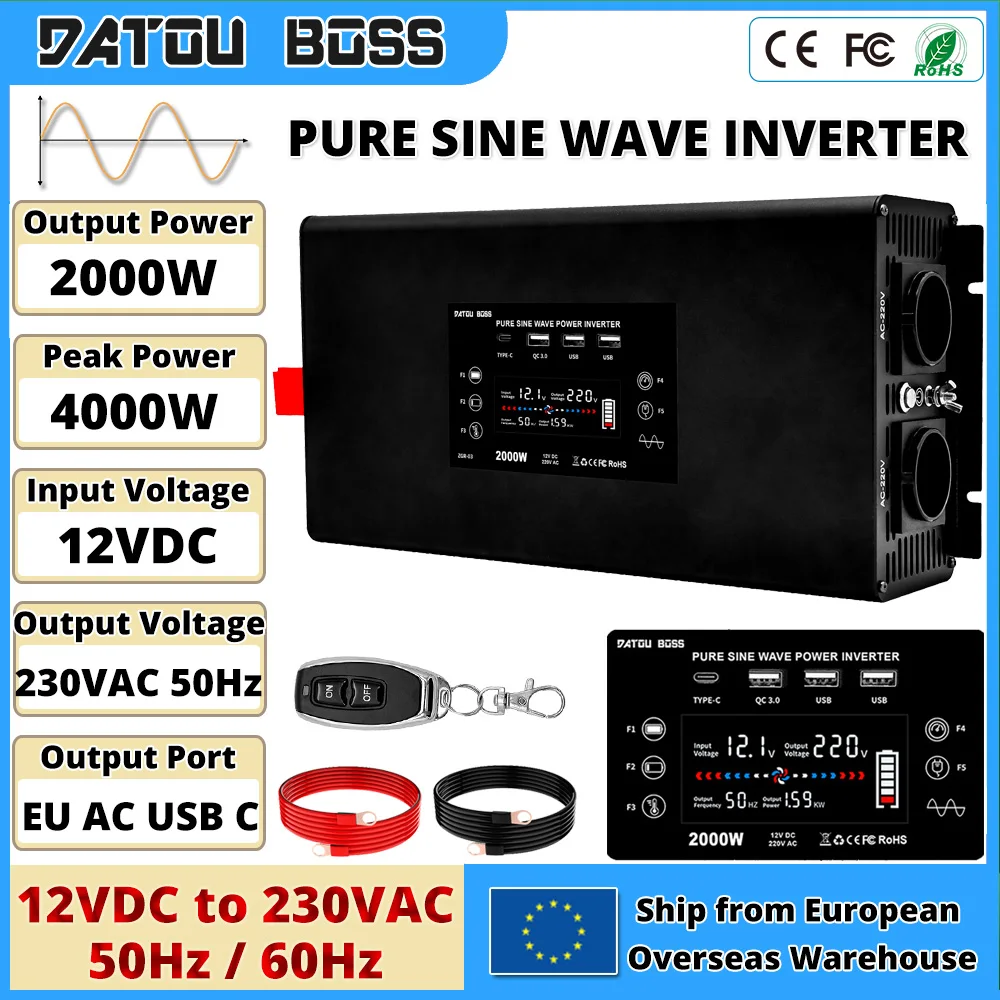DATOUBOSS 2000W 12V DC Reiner Sinus-Wechselrichter zu 230V AC 50Hz Spannungswandler RV Auto-Stromwandler mit USB-C AC-Buchse LCD