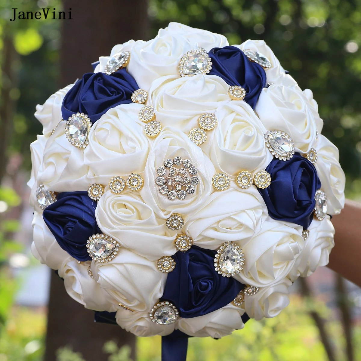 

JaneVini Elegant Navy Ivory Flowers Bridal Brooch Bouquets Bling Rhinestones Artificial Satin Roses Wedding Bouquet Accessories