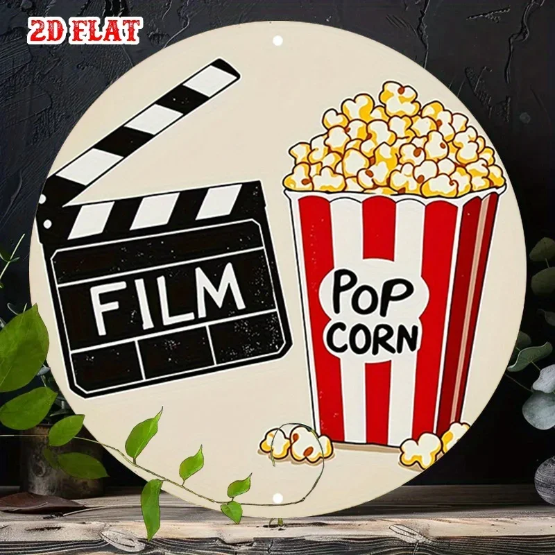 Retro Popcorn Metal Tin Sign 7.87x7.87 Inch - 2D Flat Round Aluminum Plaque for Home Garage Cafe Wall Decor