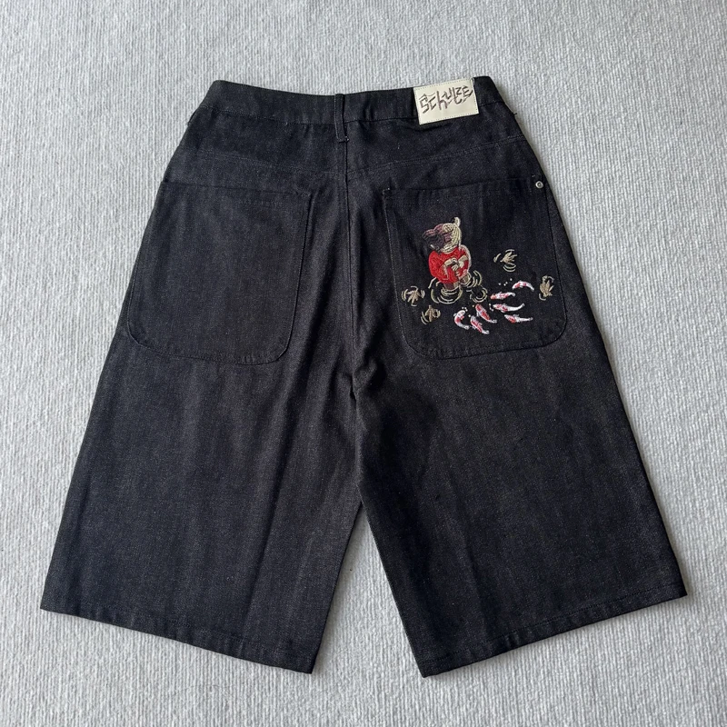 

2026 Summer Derchutze Denim Jorts Koi Embroidery Baggy Wide Leg Jeans Vintage Streetwear Y2K Shorts Pants