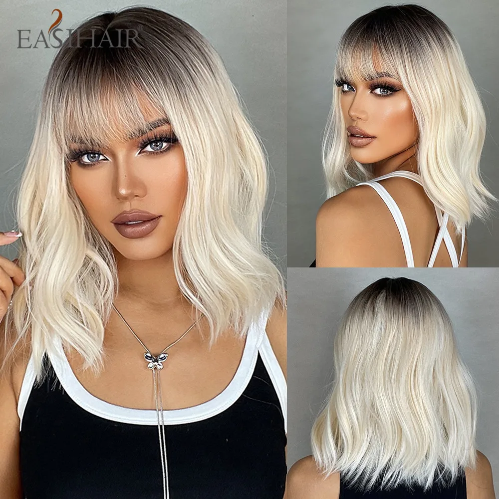 

EASIHAIR Short Ombre Blonde Synthetic Wavy Wigs with Bangs Light Platinum Shoulder Length Bob Hair Wigs for Women Heat Resistant