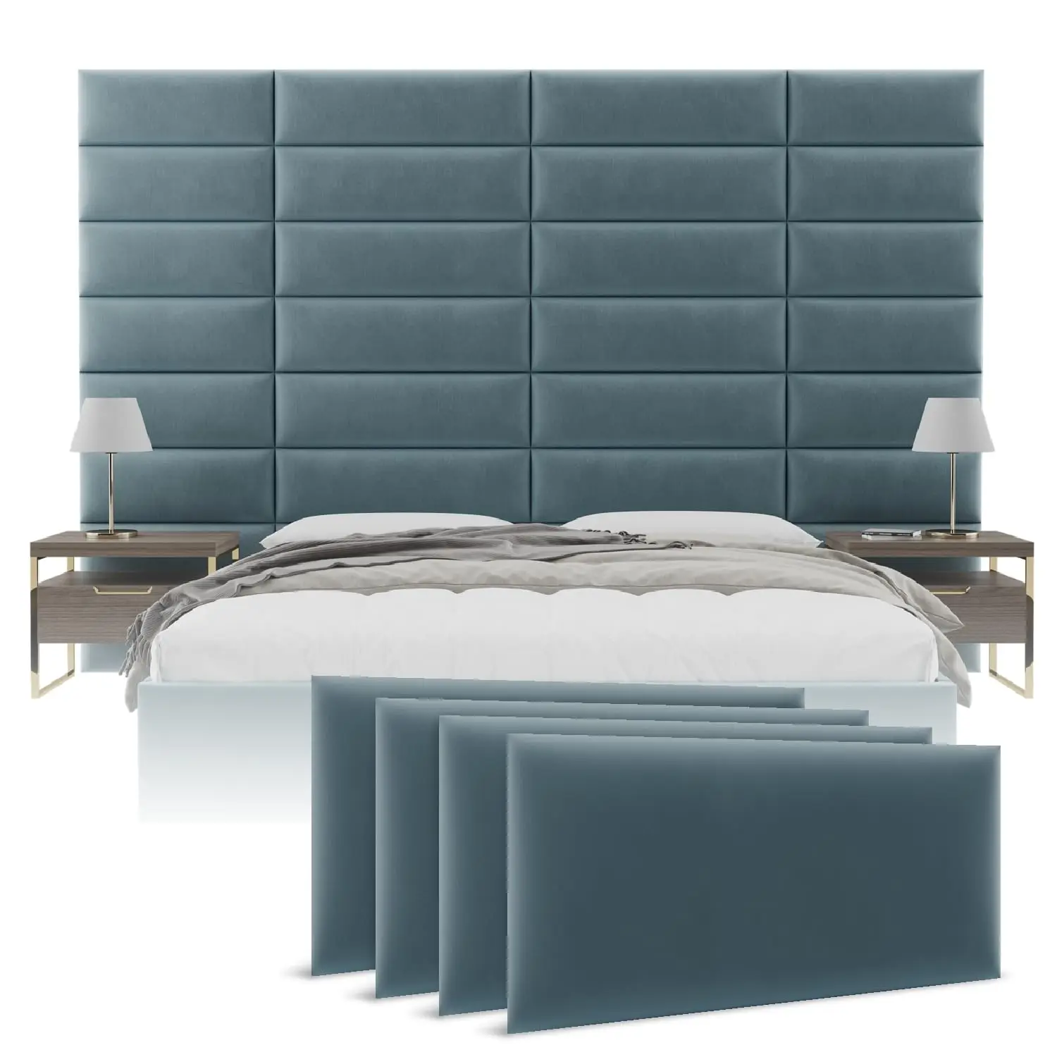 Wall Mounted Headboard Panels  Full Velvet Antique Blue, Customized
