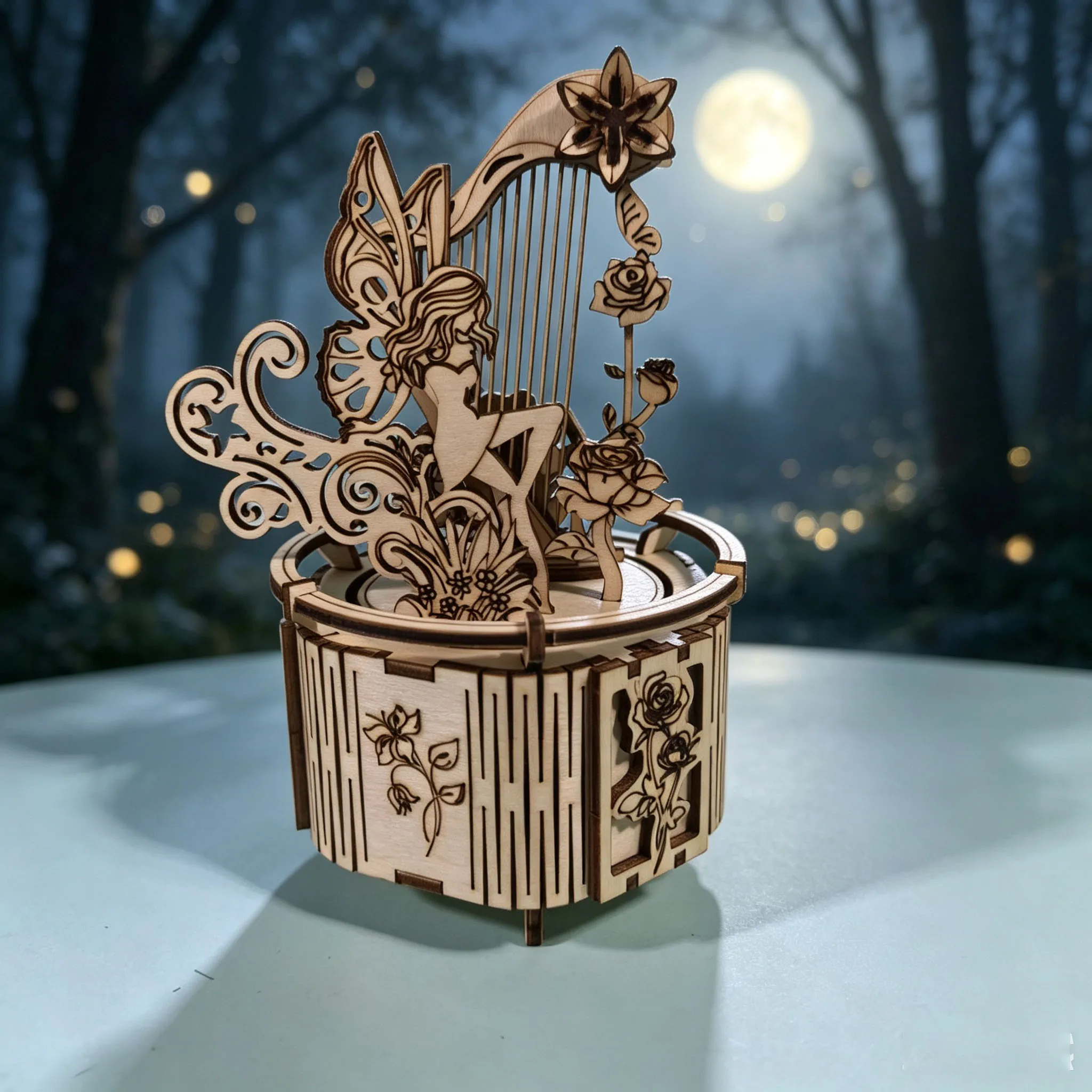 DIY Wooden 3D Puzzle Music Box: Hand-Assembled Fairy Harp Music Box Model