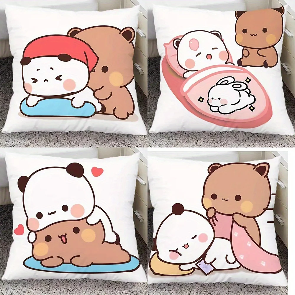 Bubu & Dudu Pillow & Cushion Cover 2pc – Cute Sleeping Panda and Brown Bear, Kawaii Cartoon Couple Design for Bedroom or Sofa