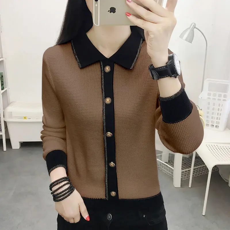 

Fashion Lapel Button Spliced All-match Sweater Women's Clothing 2022 Autumn New Oversized Casual Pullovers Loose Korean Tops