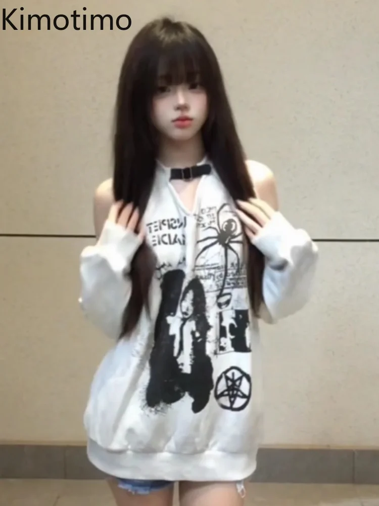 

Свитшот Kimotimo с открытыми плечами и граффити-принтом, женский, с V-образным вырезом, свободный, с длинными рукавами, в корейском стиле Y2K, уличная одежда