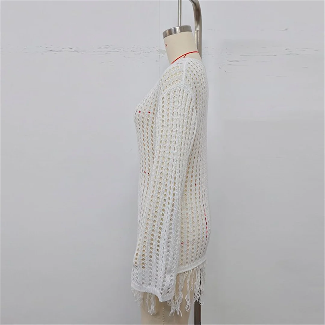 Langärmliges, einfarbiges, gehäkeltes, gestricktes Tunika-Strandkleid mit Quasten, Strandkleid, Strandmode, Damen V8515 – Detail 14