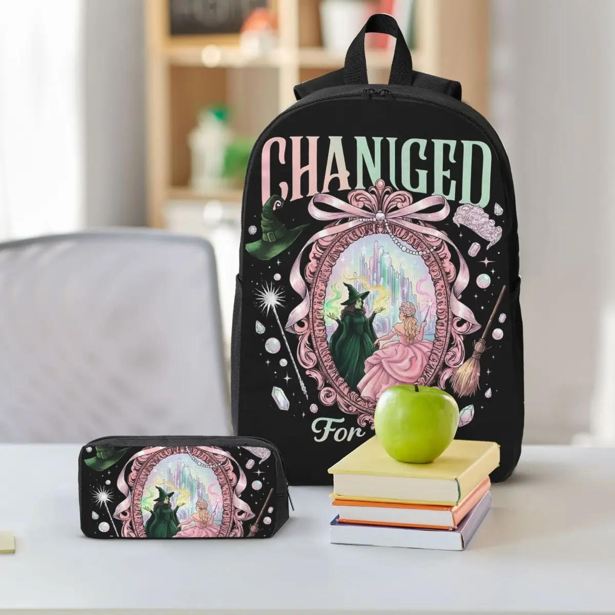 Wicked Movie Gothic Fairy Tale Backpack Student BookBag School Bag Shoulder Bags 3ps Insulated Lunch Bag Pencil Case