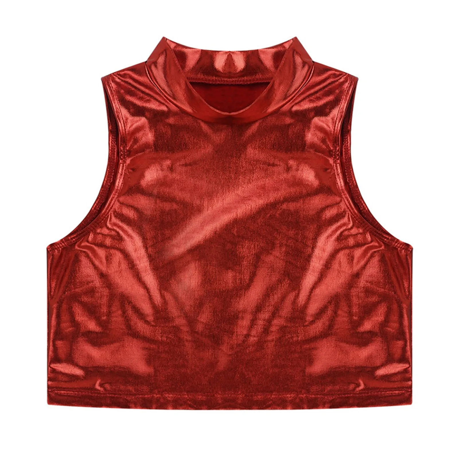 Fashion Girl\'s Tank Crop Tops Shiny Metallic Sleeveless Turtleneck Tanks Top for Stage Performance Gymnastics Workout Kids Tops