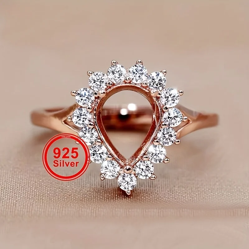 1pc Multi-size Waterdrop Shaped Ring Setting, 925 Sterling Silver Rose Golden Silver Ring Base For DIY Ring Jewelry Accessories